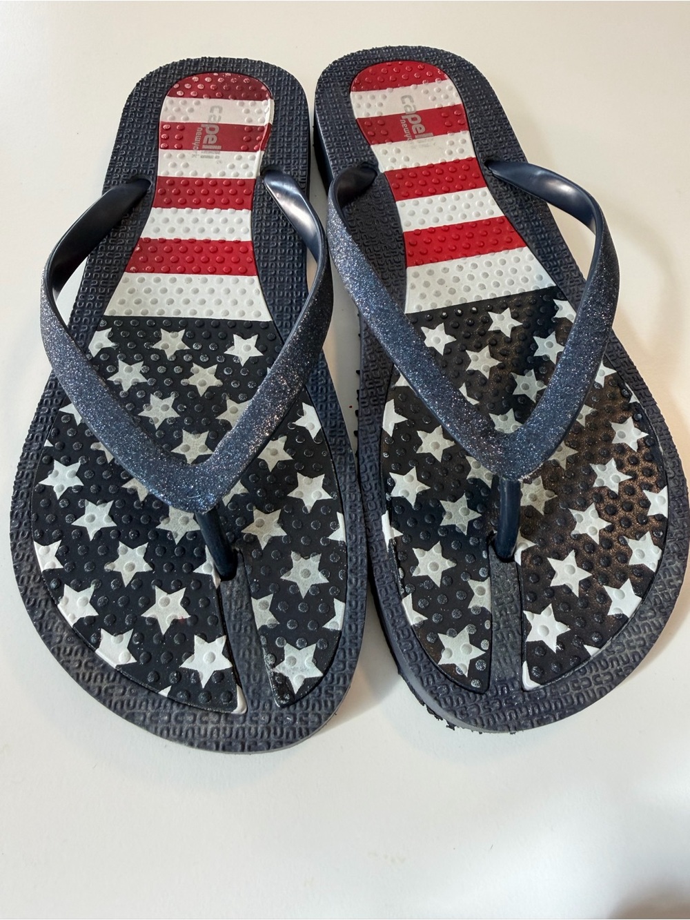 Ladies Fashion Flip Flops with American Flag Print and Glitter Trim